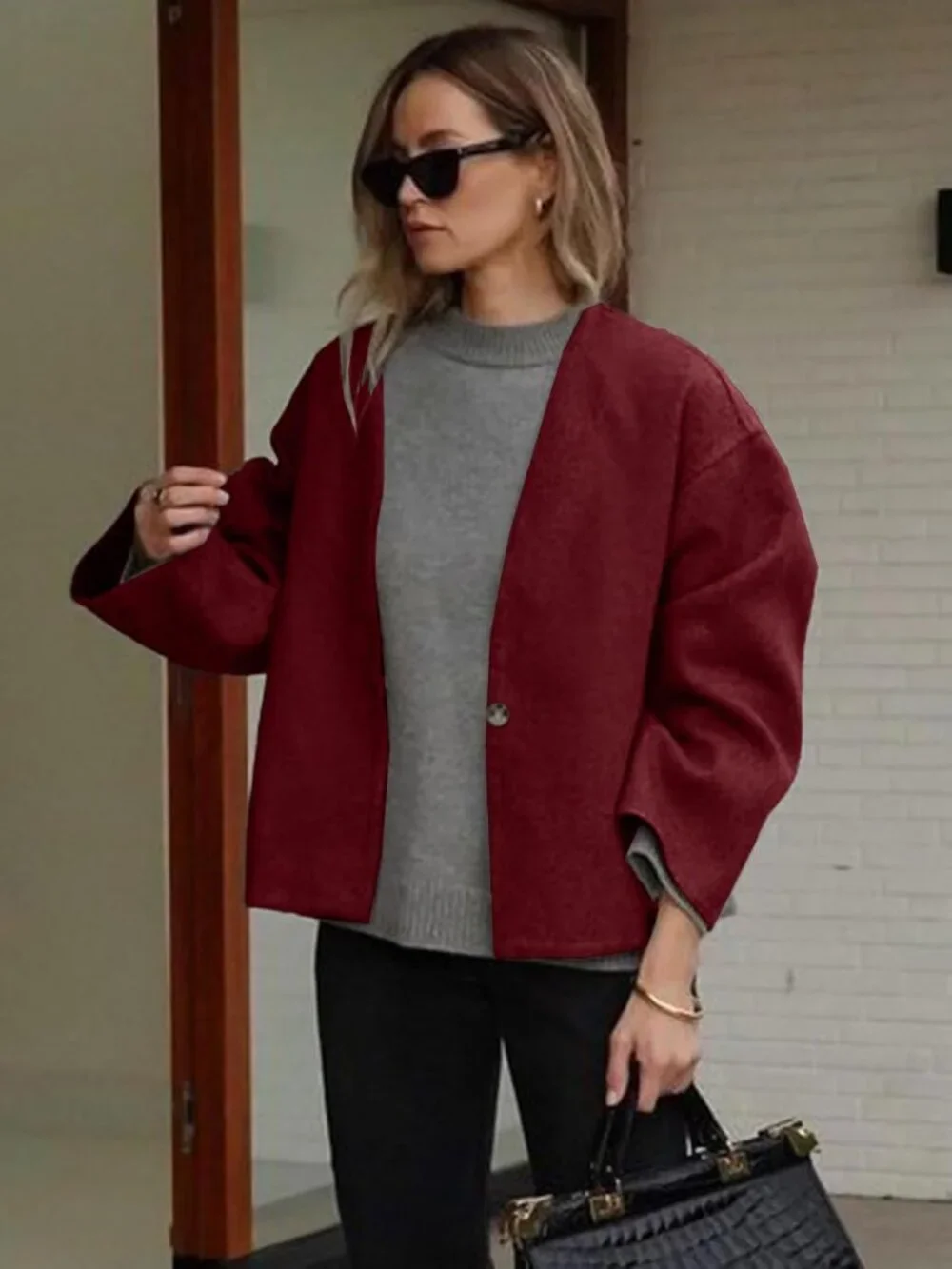 Women's Red Wool Blend Cropped Collarless Long Sleeve Short Fall Pea Overcoat